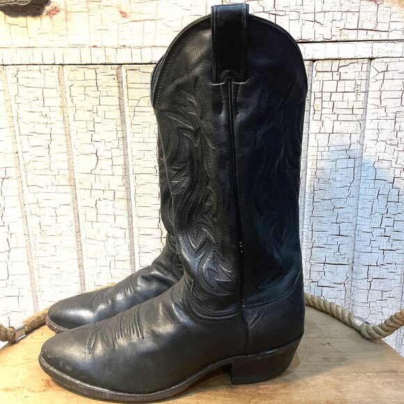 Vintage Justin Cowboy Western Black Leather Boots #2401 US 8.5D - Picture 2 of 5